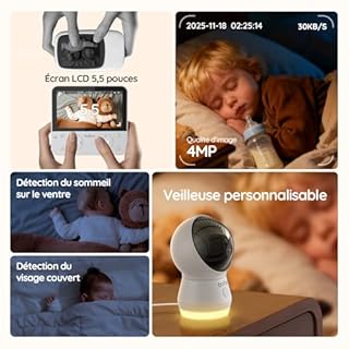 BOIFUN Babyphone Caméra WiFi 4MP 5,5” Babyphone Duo, Contrôle APP & Écran, Détection Visage Couvert & Sommeil sur Le Ventre, Alertes Mouvement & Pleurs, Temp/Humid., Veilleuse, Vision Nocturne