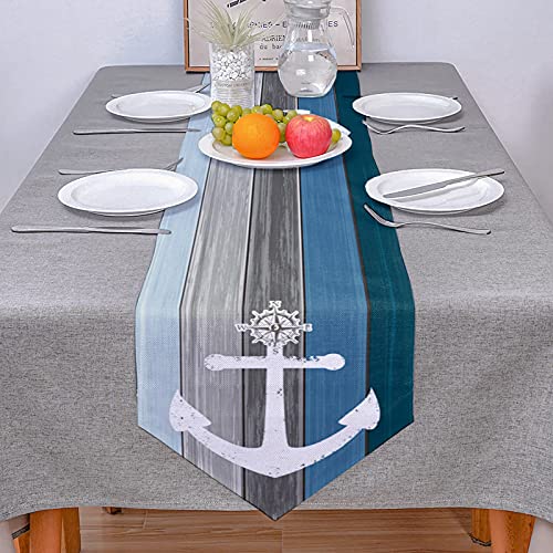 Table Runner Nautical Anchor Dresser Scarves Ocean Theme Nautical Stripe Vintage Wood Grain Gray And Blue Decorative Runners For Holiday Gatherings, Dinner,Outdoor Or Indoor Parties, 13X72 Inch #TOP2