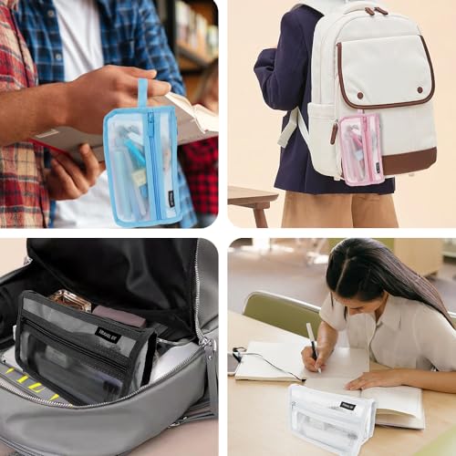 Image of Pencil Case, Grid Mesh Pencil Pouch, Large Capacity White Pencil Bag, Clear Pencil Case with Handle and Zipper, 2-Layer Pen Case Aestheic Stationary Organizer Bag for Office Back to School Supplies