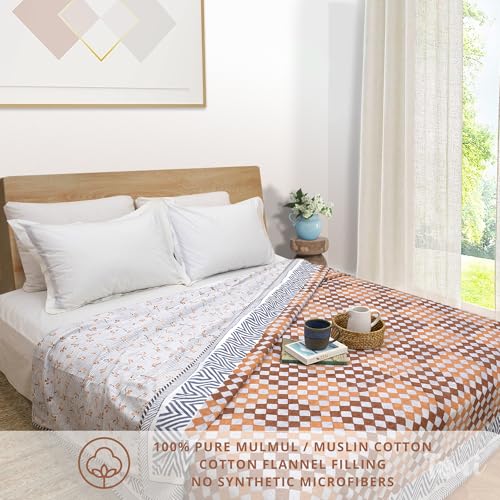 Image of TOAIArt Premium Jaipuri Dohar | AC Blanket Summer Quilt | Hand Block Printed | 3 Layers | Reversible | 150GSM 100% Mulmul Cotton | 100% Cotton Flannel Filling | King 108 inch X 90 inch|Brown Checks Blue Lines
