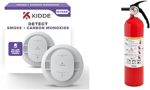 Kidde Detector de humo y monóxido de carbono, batería de 10 años con extintor de incendios Kidde 1A10BC, paquete de 2 paquetes de seguridad para el