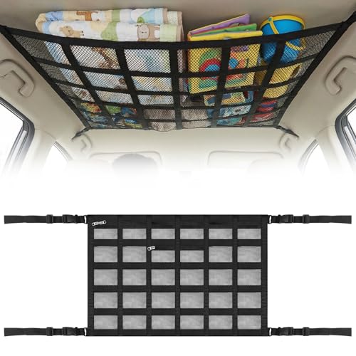 Viapriod Filet de Rangement pour Toit Voiture, 90×65cm Filet de Rangement Toit et 2 Poches Zippées, Filet à Bagages Universel, Maille Double Couche, Organiseur de Voiture pour SUV, Van, Jeep