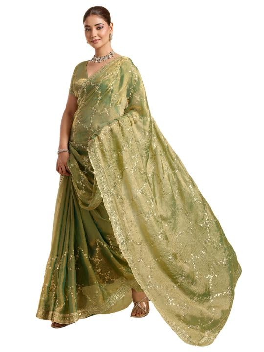 Women’s Organza Saree with Blouse Piece | Sequin Zari Embroidered Designer Wear Saree for Wedding & Festive-image-18