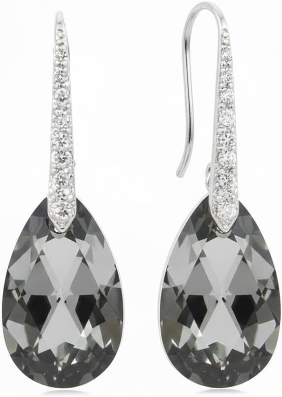 A SHER'S CREATION Austrian Crystals Earrings French Hook Designer Unique stamped Silver Pure 4 Microns thick drop for Women Silver -Night - deep grey color 22 mm - Image 8