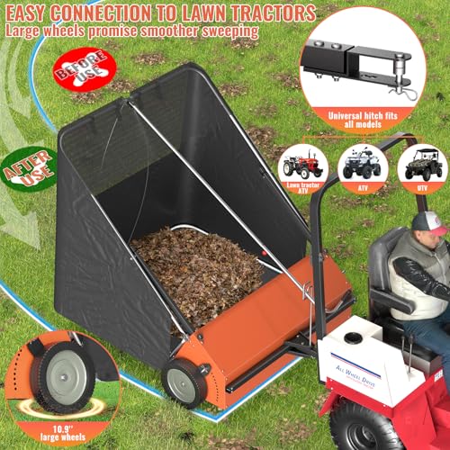 50-Inch Tow Behind Lawn Sweeper,with 25 cu. ft. Large Capacity Leaf Collector,Lawn Sweeper with Adjustable Sweeping Height, for Yard, Lawn, Farm