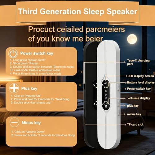 Pillow Speaker for Sleeping, Mini Bone Conduction Bluetooth Sleep Bar, Built-in White & Pink Noise, Auto-Off Timer, Stereo Bass, Volume Control, TF Card Supported Portable Speaker for Side Sleepers — view 6