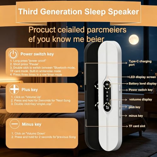 Pillow Speaker for Sleeping, Mini Bone Conduction Bluetooth Sleep Bar, Built-in White & Pink Noise, Auto-Off Timer, Stereo Bass, Volume Control, TF Card Supported Portable Speaker for Side Sleepers 1 by PMNQY - Used condition - Image 6