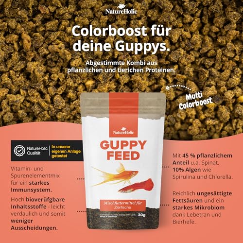 NatureHolic Guppyfutter feines Softgranulat I Fischfutter Aquarium | Hauptfutter I Gesundheit und Farbenpracht I schonende Herstellung I Made in Germany I 30g