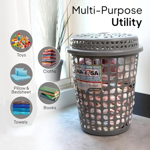 Image of Nayasa Plastic Laundry Basket with Lid - 44 Ltrs | Ventilated Clothes Hamper with Easy-Grip Handles | Clothes & Toy Storage Organizer |(Round Petal) Grey