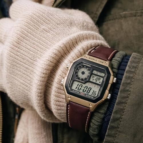 Image of Men's Digital World Time Watch with Brown Leather Strap, Alarm, Chronograph, Illuminator, 100M Water Resistant