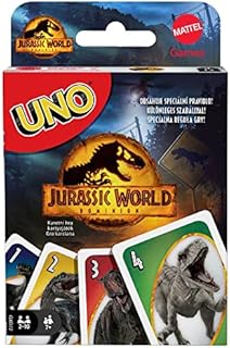 UNO Jurassic World Dominion Gra karciana z tematycznymi kartami i specjalną regułą, prezent dla dzieci, dorosłych i na wieczór gier, dla dzieci od 7 roku życia, GXD72