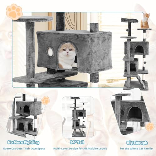 Torre para gatos grandes 54" alto con rascadores y cama miniatura 4