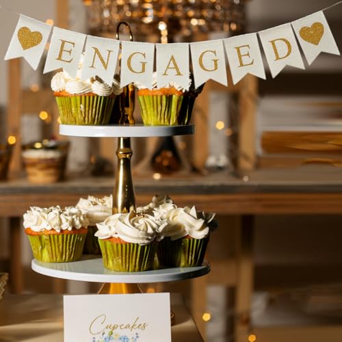 Image of Burlap Engaged Banner Sign, White and Gold | Prestrung, Adjustable, Reusable, Rustic Engagement Party Decorations