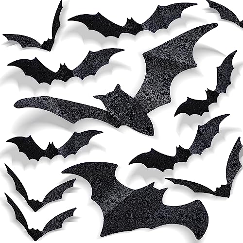 Image of DIYASY 56 Pcs Large Bats Wall Decor, Glitter Hanging Bat Halloween 3D Plastic Bats Stickers Waterproof Spooky Bat for Home Party Room Decorations 4 Size