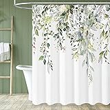 BBiggood Sage Green Eucalyptus Shower Curtain, Watercolor Plant Floral Eucalyptus Leaves Fabric , Wh
