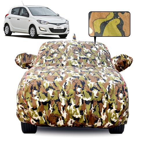 Image of Waterproof Car Body Cover for Hyundai i20 (2009-2014) with Mirror Pocket, Soft Cotton Lining, Triple Stitched, Full Bottom Elastic (Heat Resistant Jungle Print with Red Piping)