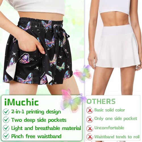 Girls Butterfly Shorts 2 in 1 Flowy Shorts with Pockets Quick-Drying Tennis Gym Cheer Skirt Athletic Shorts 5-14Y4