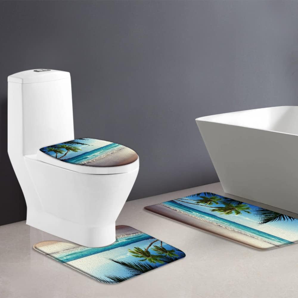 AMFD 3 Pieces Beach View Bath Mat Ocean Beach Hawaiian Tropical Palm Tree Nature Scenery Memory Foam Bathroom Rugs Sets,Bath Mat +U-Shaped Contour Rug +Toilet Lid Cover