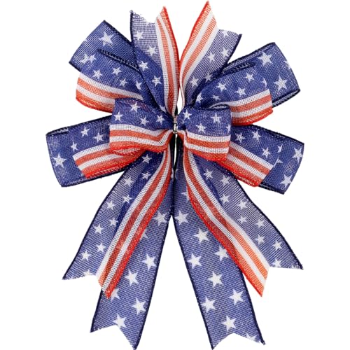 Kutyndrix Patriotic Bow for Wreath, 9.4 x 11.8 Inch Red White and Blue with Stars and Stripes Wired Ribbon, Handmade 4th of July Mailbox Bow for Memorial Day Veterans Day Decor