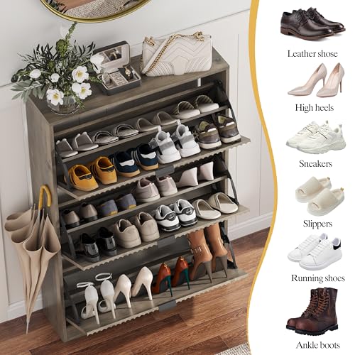 Image of HUANLEGO Shoe Cabinet Storage for Entryway with 3 Flip Drawers, Grey Fluted Shoe Cabinet with Adjustable Shelves, Wooden Hidden Shoe Rack Freestanding Narrow Slim Shoes Storage for Hallway, Entrance