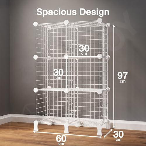 Image of BOXJOY 6 Shelf Metal Grid Showcase Rack for Living Room Display | Open Cabinet for Books, Decor & Collectibles | DIY Modular Bookcase Organizer for Home, Bedroom, Office (White)
