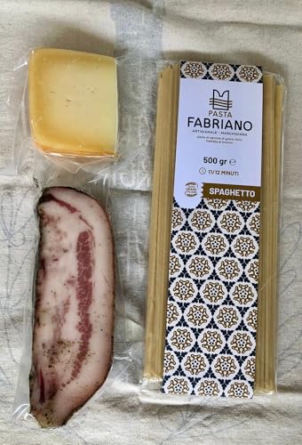Kit GOURMET CARBONARA | Productos italianos tradicionales para 4 pers | 200g Guanciale Amatriciano / 500g Espaguetis Pasta Fabriano Granos del interior italiano desde 1868 / 130g Pecorino Romano DOP