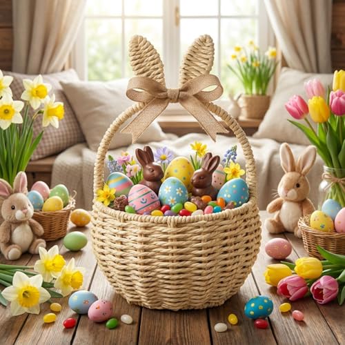 Kathfly Rattan Easter Bunny Basket with Handle 11 x 7 x 5 Inch Handmade Wicker Bunny Ears Picnic Basket for Egg Hunt Party Storage Burlap Bow Cute Candy Organizer Spring Party Decor by Kathfly - Used condition - Image 6