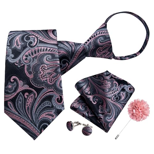 Image of DiBanGu Mens Zipper Tie Silk Pre-Tied Necktie with Gift Box | Jacquard Woven,Paisley Solid Plaid Pattern,6PCS with Pocket Square,Cufflinks and Lapel Pin,for Wedding Party Formal Business