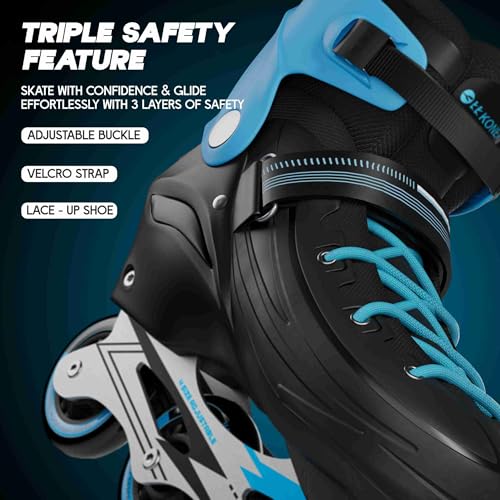 Image of Konex 4 Wheel Inline Skates for Boys,Girls & Youth | Adjustable PU Roller Skating Shoes with Corrosion Resistant Frame | Triple Safety with Buckle, Velcro Strap & Lace Up - Blue