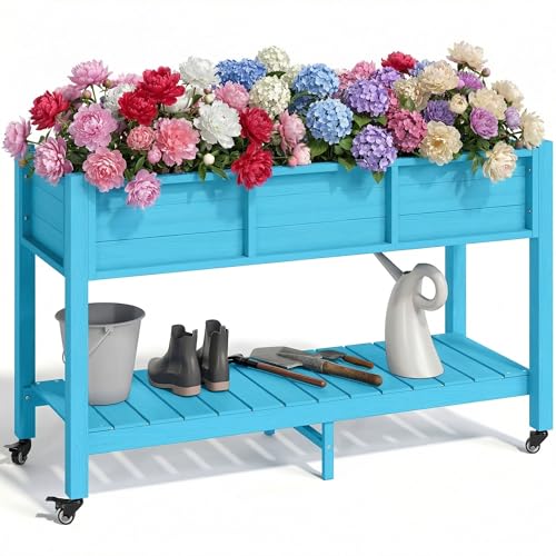 YITAHOME Raised Garden Bed HDPE, 47x18x31In Raised Flower Bed Poly-Wood Weather-Resistant Elevated Planter Box with Lockable Wheels & Storage Shelf fo