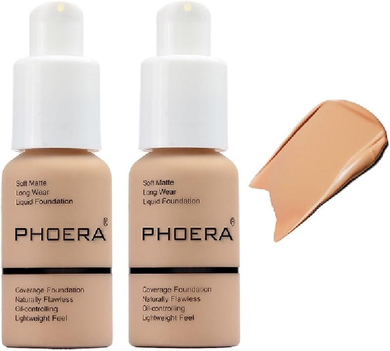 Maquillaje corrector líquido PHOERA Foundation, 104 Buff Beige, paquete de 2 | Control de aceite mate suave, larga duración, impermeable, impecable, 24 horas, cobertura total para mujeres mayores, excelente opción para regalo