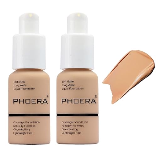 Paquete de 2 unidades PHOERA Foundation 104 Buff Beige maquillaje, base de cobertura completa para mujeres y niñas