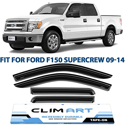 CLIM ART Incredibly Durable Rain Guards for Ford F150 2009-2014 SuperCrew, Original Tape-on Window Deflectors, Vent Deflector, Vent Window Visors for cars, Dark Smoke, Truck Accessories, 4 pcs- 409010