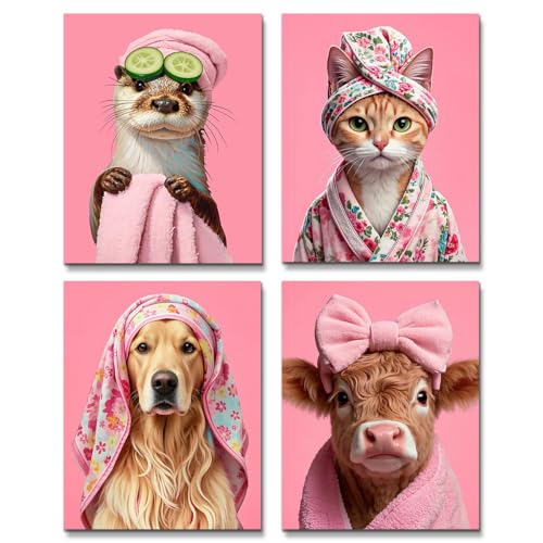QPOKLAF Pink Animals Bathroom Wall Art Decor,Funny...