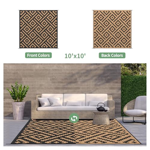 Image of GENIMO Outdoor Rug, Waterproof Plastic Rugs for Patio, 10'x10' Black Brown | Outside Larger Modern Carpet Mat for Porch Decor, Deck, Camping, RV, Backyard, Balcony, Picnic, Beach, Reversible, Foldable