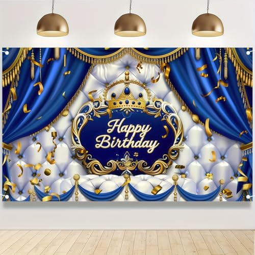 Image of BlissYard Prince Birthday Party Backdrop 70 X 43 Inch Royal Blue And Gold Birthday Banner for Boys King Theme Party Decoration Backdrop Royal Little Prince Happy Birthday Party Banner Photoshoot