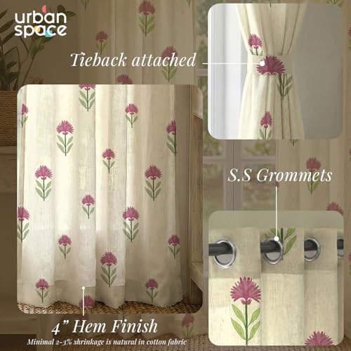 Image of Urban Space 100% Cotton Floral Curtains 7 feet Long Set of 2, 60-65% Room Darkening, Decorative Curtains with Eyelets /Rings for Hanging, Tieback Included (Aster Pink, Door - 7 Feet)