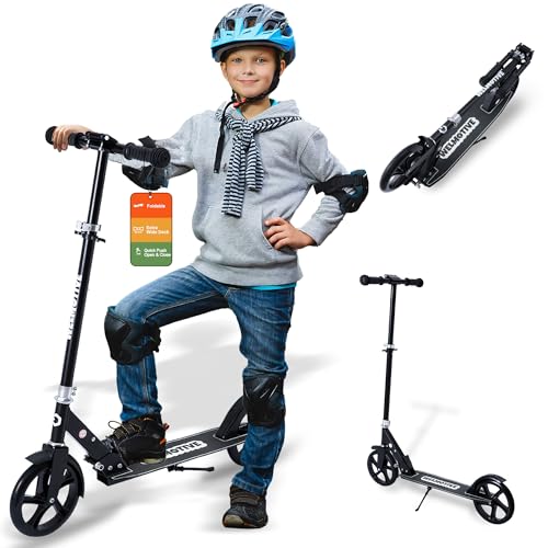 Kick Scooter for Kids Ages 6+, Teens & Adults, Adjustable Handlebars, Rear Brake, Big Wheel Foldable Scooter for Indoor & Outdoor (Black)
