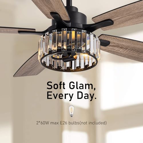 Image of 52 inch Crystal Fandelier Ceiling Fan with LED Lights, Chandelier Ceiling Fan with Remote and APP Control, Reversible Ceiling Fan for Indoor, Used in Bedroom, Living Room, Pation