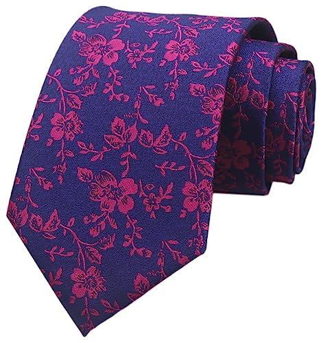Elfeves Men Handmade Silk Tie Fashion Blue Magenta Small Floral Wedding Party Dance Necktie