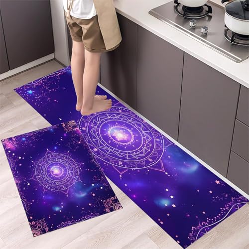Tapetes de cocina de estrella mandala morada con juego de alfombras lavables de 2 piezas 4