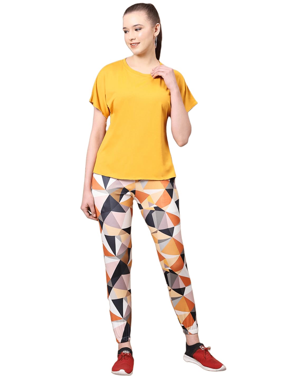 Women Tracksuit Set, Geometric Print Jogger Pants with Solid Top, Short Sleeves, Casual Activewear Co-ord Set, TS-1021-image-18