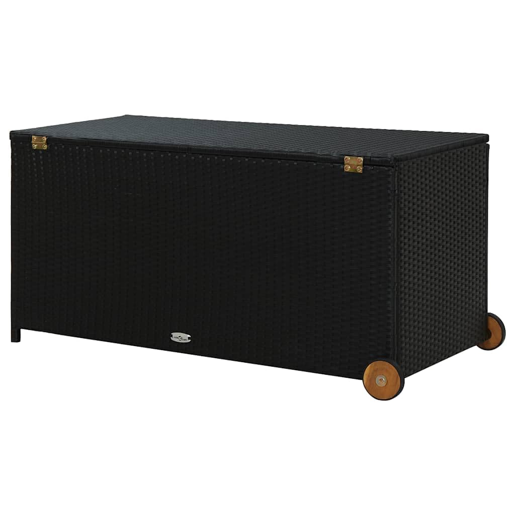 Garten-Auflagenbox Schwarz 120x65x61 cm Poly Rattan Kissenbox mit Rollen und Holzgriff Gartentruhe mit Gasdruckfeder für Kissen Auflagen Decken und Spielzeug
