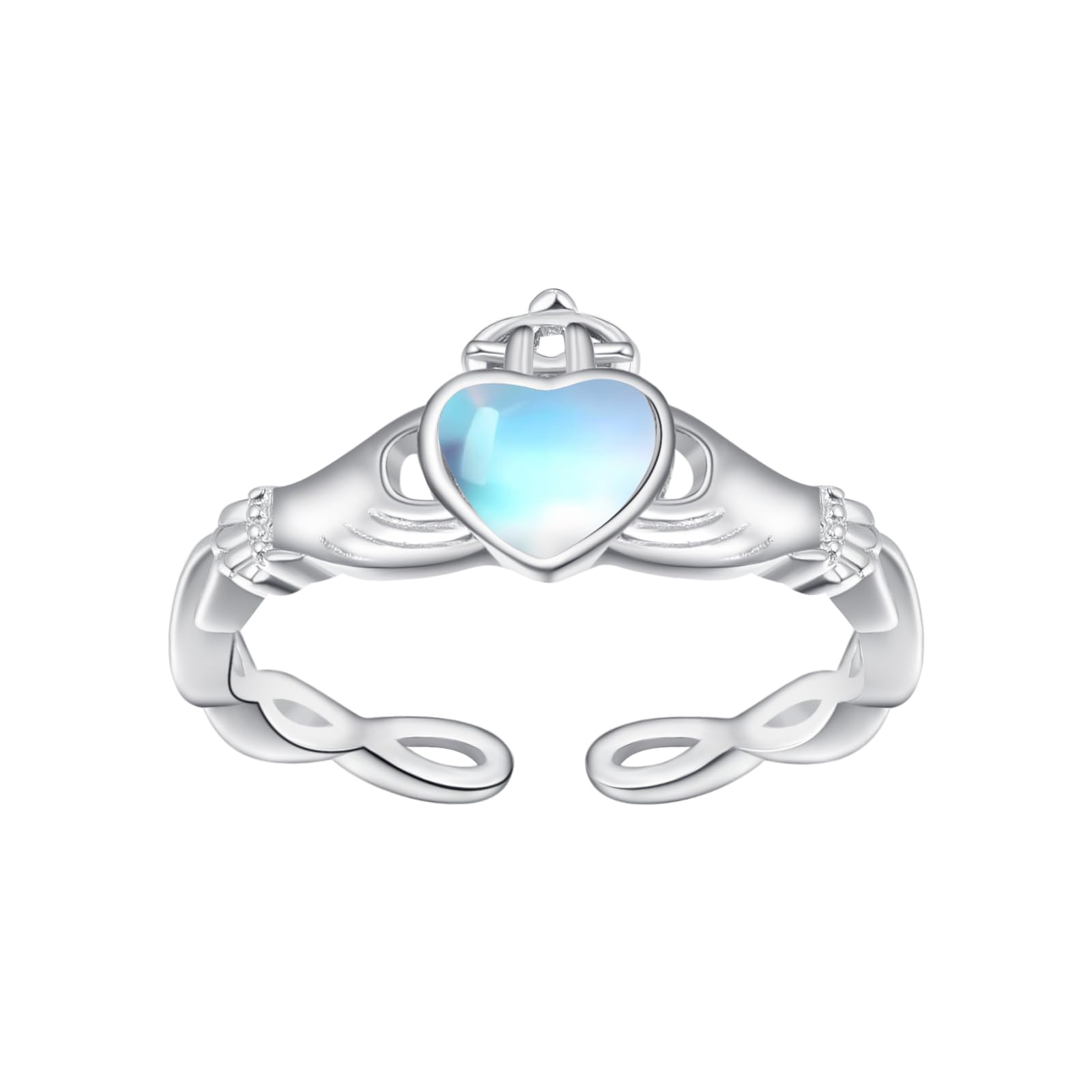 KINGWHYTECladdagh Rings for Women 925 Sterling Silver Moonstone Love Heart Ring Adjustable Hug Ring Engagement Wedding Open Ring Moonstone Jewelry Gifts for Girls Mom Wife Girlfriend