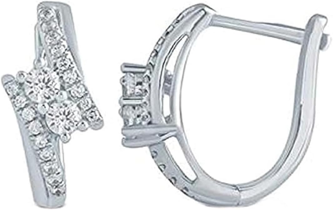 Round Cut Cubic Zirconia 14k White Gold Plated 925 Sterling Silver Hoop Earrings For Womens.
