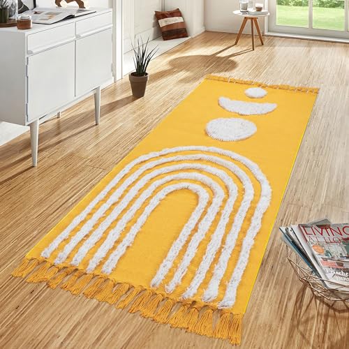 LINROMIA Boho Hallway Runner Rug 60x180cm Washable Rug, Yellow Rainbow Tufted Rugs With Hand Woven Tassels, Low Pile Cotton Carpet For Hallway Bedroom Kitchen Living Room Entrance