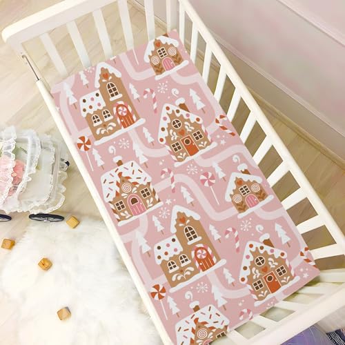 Image of Fitted Crib Sheets Gingerbread House Christmas Tree Pink Stretchy Portable Playard Sheets for Baby Toddler, Breathable Soft Mini Crib Mattress 39 x 27 in for Boys and Girls
