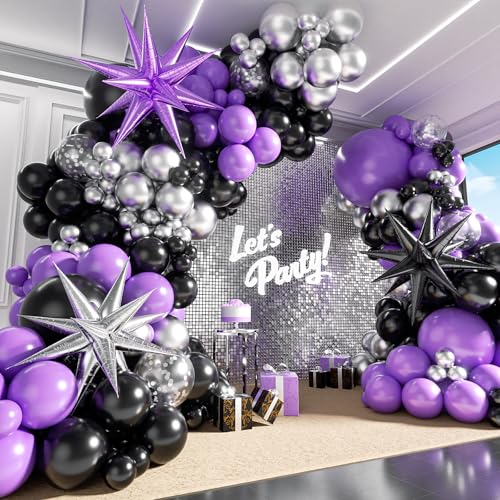 125pcs Purple and Black Balloon Garland Arch Kit Sliver Confetti Metallic Purple Balloons for Graduation Halloween Birthday Party Decorations