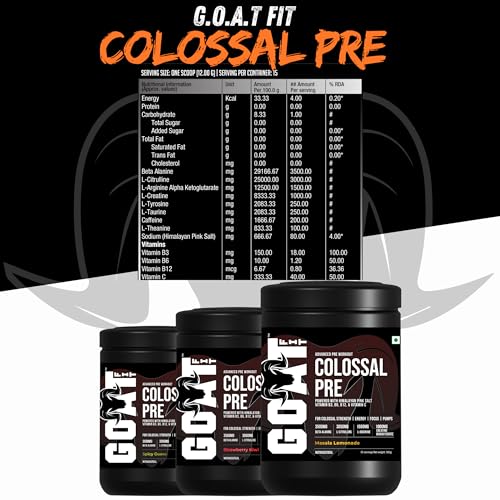 Image of GOAT Fit Colossal Pre | PreWorkout Powder 200mg Caffeine 3.5g Beta-Alanine 3g Citrulline 1.5g Arginine 1g Creatine with Himalayan Pink Salt (12gm Single Serving, Masala Lemonade)