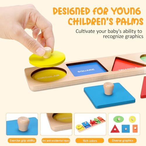 Montessori First Jumbo Knob Wooden Shape Puzzles for Toddlers,Montessori Multiple Peg Shapes Puzzle Sorter Board for Baby Kids Boy Girl,Preschool Learning Peg Puzzle Board Toys - 3